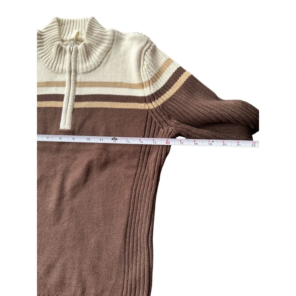 St Johns‎ Bay Petite Brown Striped Quarter Zip Cotton Mock Neck Sweater PM F2